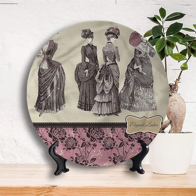 Decorative Plates, Victorian Print Ornament, Women Fashion Handbag, 8 Inch, 1 Plate with 1 Display Stand, Multicolor