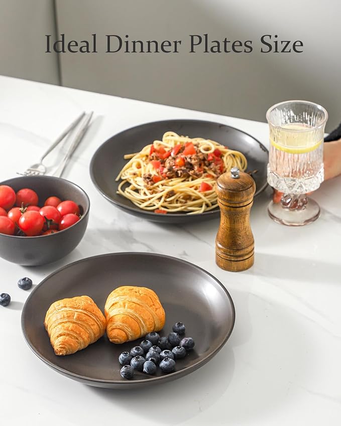 Dinner Plates Set of 4, 10 Inch Ceramic Plates - Stoneware Dinnerware Set for Pancakes, Scratch Resistant Black Plates, Microwave Oven and Dishwasher Safe for Steak, Noodle, Kitchen