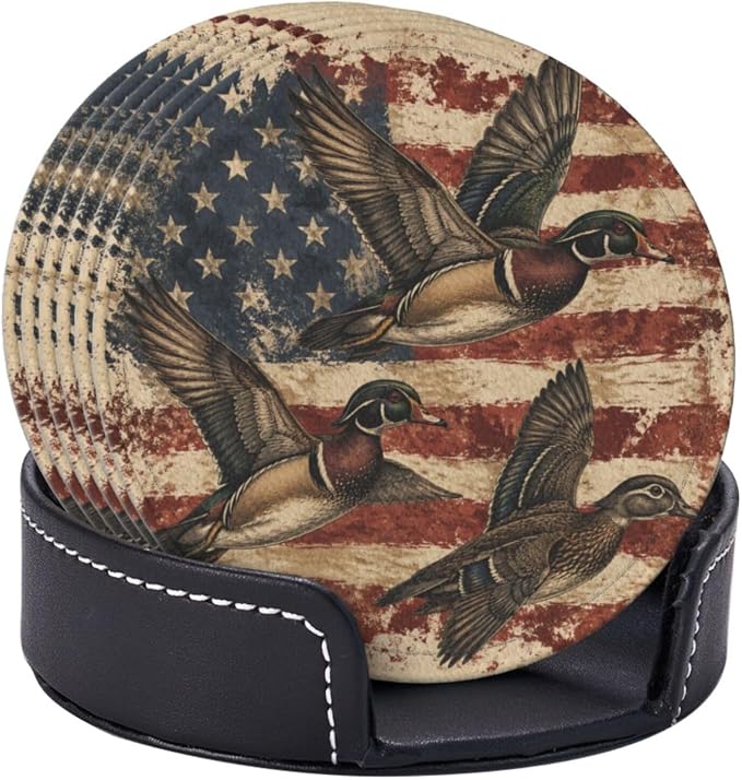 Rustic Americana Patriotic Duck Flag Leather Coasters Set of 6 - Image 2