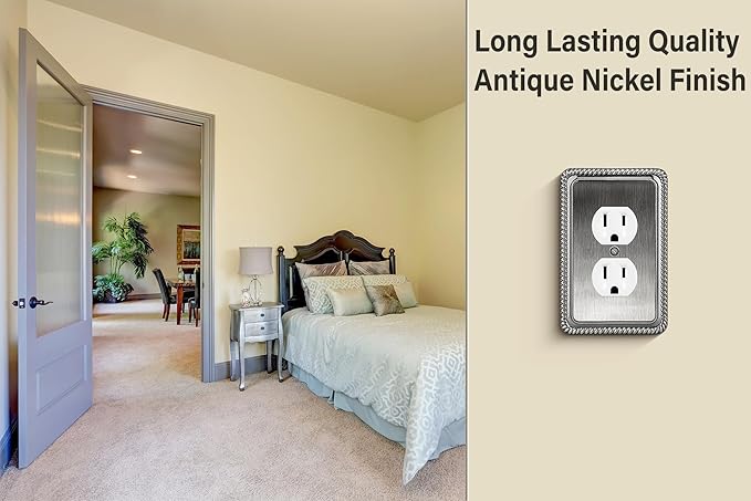 Henne Bery Rope Edge Decorative Wall Plate Switch Plate Outlet Cover (Single Duplex, 2 Pack, Heirloom Silver)