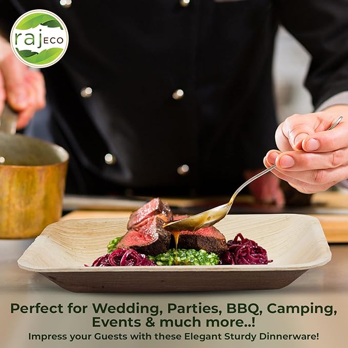 Raj Disposable Palm Leaf Plate [100-Pack] Large Square Plates Strong and Reusable Party Plate Like Bamboo Plates - Decorative Compostable Tableware for Lunch, Dinner, Birthday, Camping
