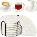 8 Pcs Drink Coasters with Holder, Handwoven Cotton Coasters Set Stackable Absorbent Minimalist Home Decor for Table, Cup, Mug (White)