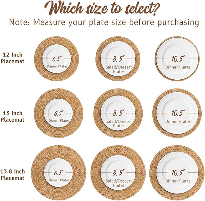 13 in Round Woven Boho Placemats Set of 8, Wicker Rattan Place Mats Chargers for Dinner Plates, Farmhouse Rustic Table Mats for Dining Table Decor