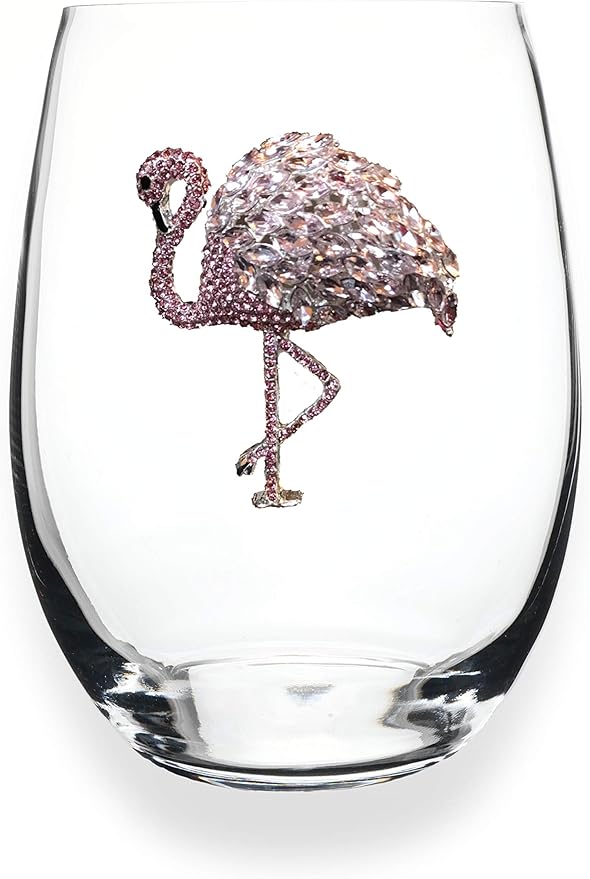 THE QUEENS' JEWELS – Flamingo Stemless Wine Glass, 21 oz. – Eye-Catching Sparkling Jewels – Hand-Decorated Glassware – Not Painted – Dazzling and Unique