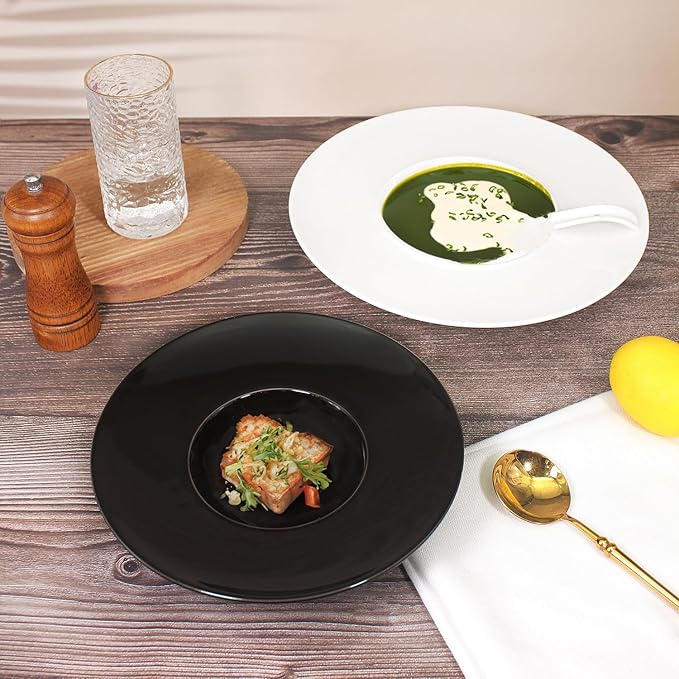 Ceramics Rimmed Soup Bowls 8.8 oz, Black 11.6 inch Exquisite small soup plate Set of 4, Pasta plates With Rim is the best choice for hotels, kitchens, fine restaurants and gourmets