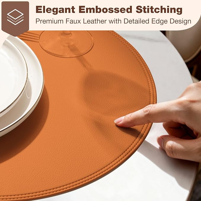 Round Vinyl Orange Placemats Set of 6, Faux Leather Waterproof Wipeable Heat Resistant Place Mats, Washable Table Mats for Halloween, Thanksgiving & Christmas Dinner(Orange)