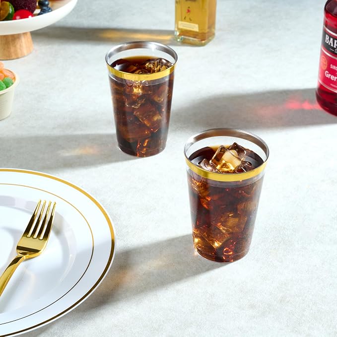 FOCUSLINE 200 Pack 12 oz Gold Rimmed Plastic Cups, Heavy-duty & Fancy - Image 5