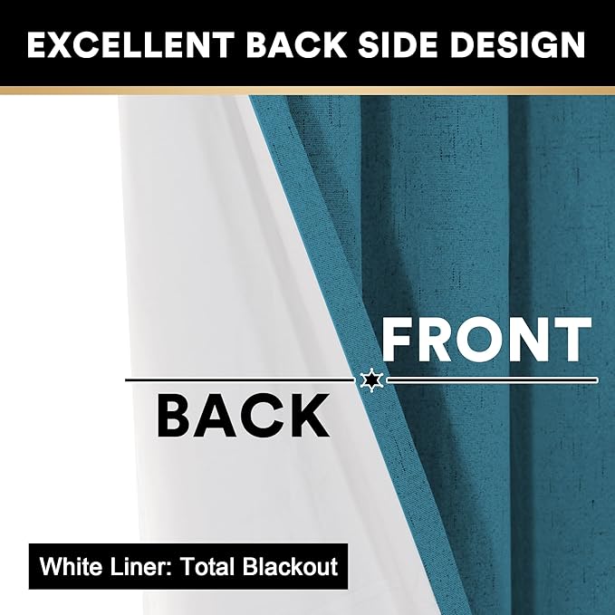 PrinceDeco 100% Blackout Curtains 64 inch Long 2 Panels Set Linen Blackout Curtains for Bedroom Thermal Insulated Drapes with White Liner Privacy Protection,42 X 64 in,Blue Sapphire