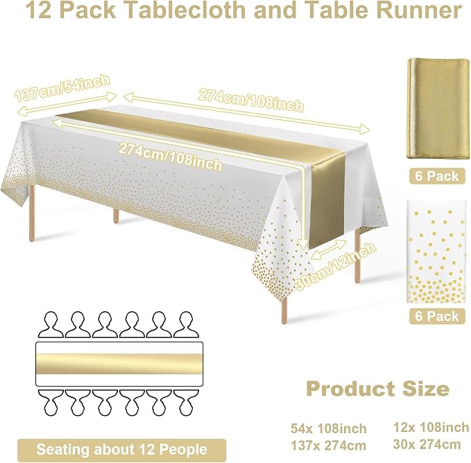 12Pack Disposable Plastic Tablecloths and Satin Table Runner Set White and Gold - Image 2