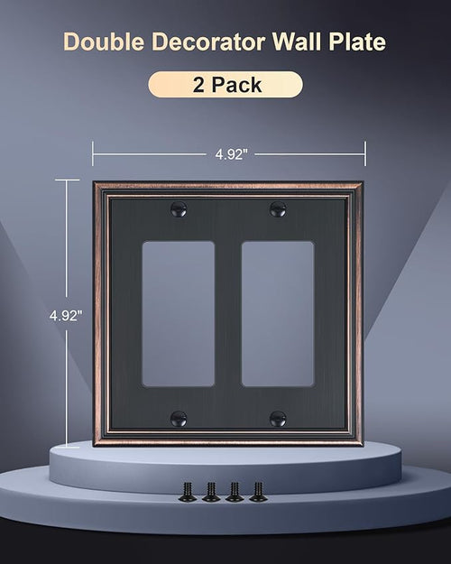 2-Pack Decorative Double Decorator Outlet Cover Plate, Durable Zinc Alloy Aged Bronze Wall Plates for Electrical Outlets, Receptacle, GFCI Outlet, Dimmer Switch, 2-Gang, Corrosion Resistant