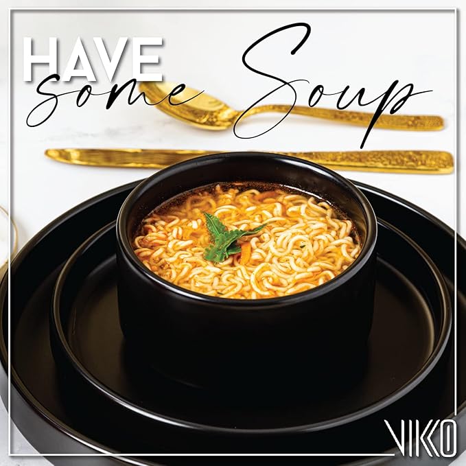 Vikko Modern Soup Bowls, Set of 6 Black Matte Porcelain Bowls, Large Size 22 oz Elegant Restaurant Style Soup Bowl Set, Microwave and Dishwasher Safe