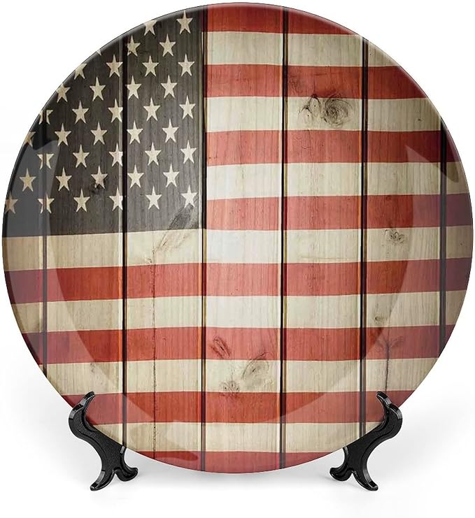 Ceramic Plates, American Flag Decor Decorative Ceramic Plates, USA Flag Over Vertical Striped Wooden Board, 8 Inch, for Dining, Parties, Wedding, Blue Red