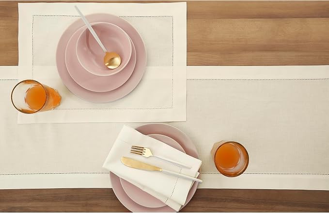Solino Home Cotton Linen Dining Table Runner Ivory Hemstitch, 14 x 72 in | - Image 3