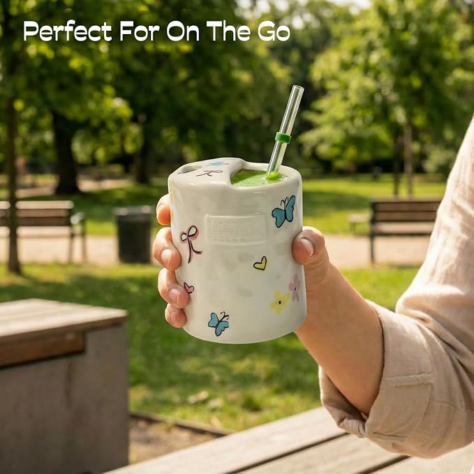 Ceramic Travel Mug with Half Lid, Handmade Butterfly Pottery Mug, Ceramic - Image 6