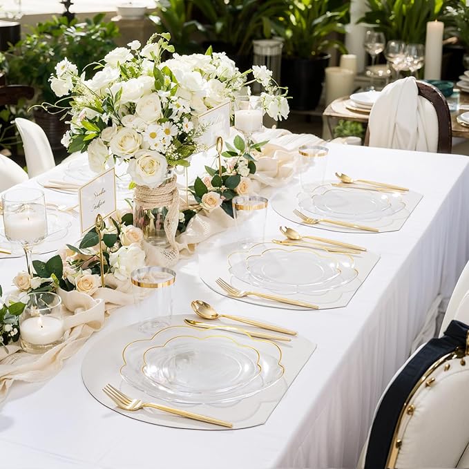 EI 180pcs Clear and Gold Plastic Plates with Plastic Silverware,Dinnerware Plate Set for Party,Disposable Plates Heavy Duty Clear Gold Cups for Wedding,Birthday,Spring Afternoon Tea