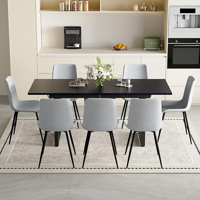Extendable Dining Table Set for 8, 55"–71" Modern Black Kitchen Table with 8 Upholstered Chairs, Space-Saving for Living Room Apartment, Sturdy & Comfortable, Easy Assembly