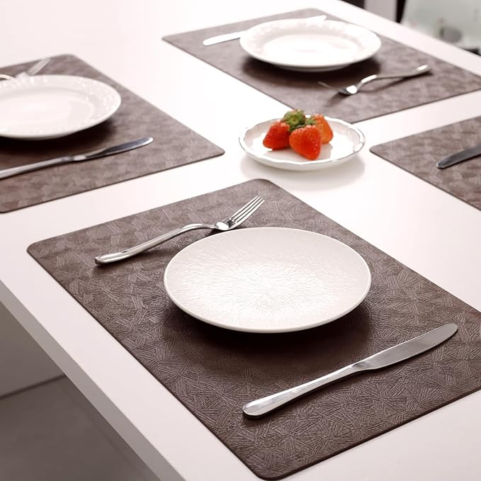 Vinyl Placemats Set of 4 Heat Resistant Easy Clean Non-Slip Place Mats for Dining Table Faux Leather Waterproof Stain Resistant Wipeable Washable PVC Table Mats(4, Brown)