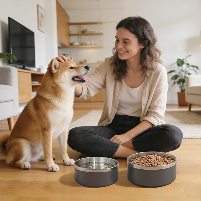 IKITCHEN Dog Bowl for Food and Water, 40 Oz Stainless Steel Pet Feeding Bowl, Durable Non-Skid Insulated Heavy Duty with Rubber Bottom for Medium Large Sized Dogs (40 Ounces/5 Cup, Grey)