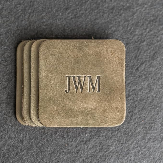Ox & Pine Personalized Leather Coaster - Sold Individually or in Sets of 4 - Customize Inscription - 100% Full-Grain Leather – 4" Round or 4" Square (Square, Brown, Set of 4 Coasters)