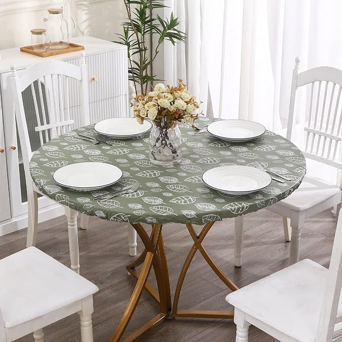 Walrus Round Vinyl Fitted Tablecloth with Flannel Backing Elastic Edge Design Table Cover Waterproof Oil-Proof PVC Table Cloth Stain-Resistant Best for 45"-56" Round