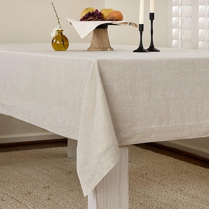 Solino Home Linen Light Natural Tablecloth 60 x 120 Inch - Classic Hemstitch, 100% Pure Linen Rectangular Tablecloth - Machine Washable Table Cloth for Spring, Easter