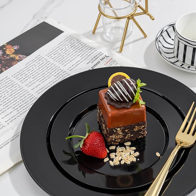 FLOWERCAT 200PCS Black Plastic Disposable Plates for Party - Black Plastic Plates - Serve for 100 Guests for New Year Parties and Birthday Events