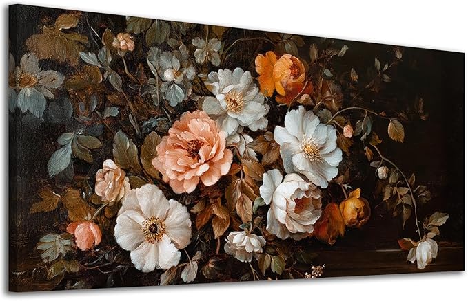 ADJUVANT Wall Art Vintage Floral Bouquet 48" L x 24" W, Old Fashioned Flowers Canvas Painting Romantic Artwork Classic Blooms Prints Botanic Wall Decor for Living Room Bedroom Dining Room Home Office