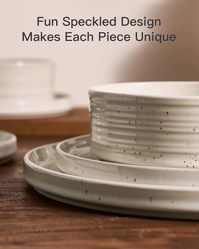 Stoneware Dinnerware Set, Highly Chip & Scratch Resistant Everyday Plates and Bowls for 8 (24pcs), Reactive Glaze Speckled Ceramic Straight Dishes with Gift Box, Microwave Dishwasher Safe, Shell Beige