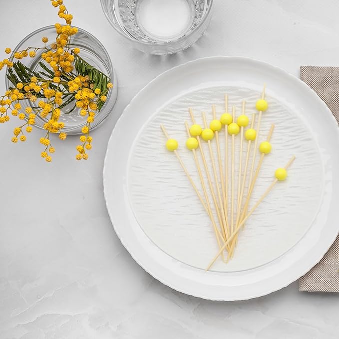 Minisland Yellow Pearl Cocktail Picks, 4.7 Inch Long Bamboo Fancy Toothpicks for Appetizers, Decorative Mardi Gras Carnival Party Food Drink Garnish Fruit Kabob Skewer Sticks 100 Counts - MSL451