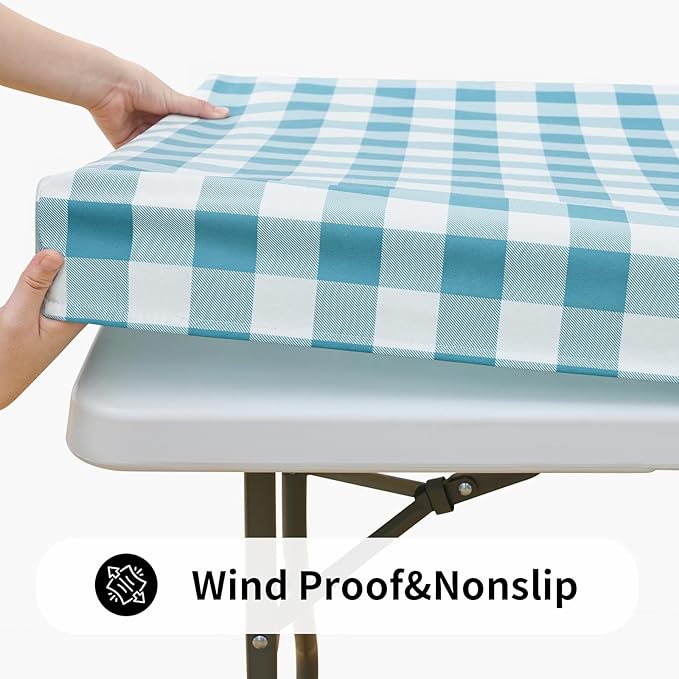 Smiry Rectangle Picnic Table Cloth, Elastic Waterproof Fitted Vinyl Tablecloths, Flannel Backed Buffalo Plaid Table Covers for Dining, Camping, Outdoor (White and Aqua, 36" x 72")