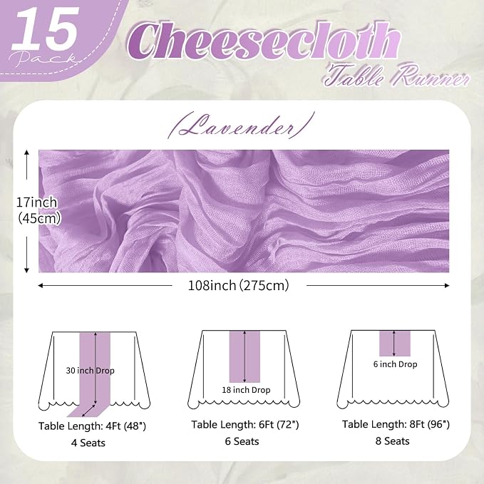 15 Pack Lavender Cheesecloth Table Runner 17 x 108 inch Cheese Cloth Table - Image 2