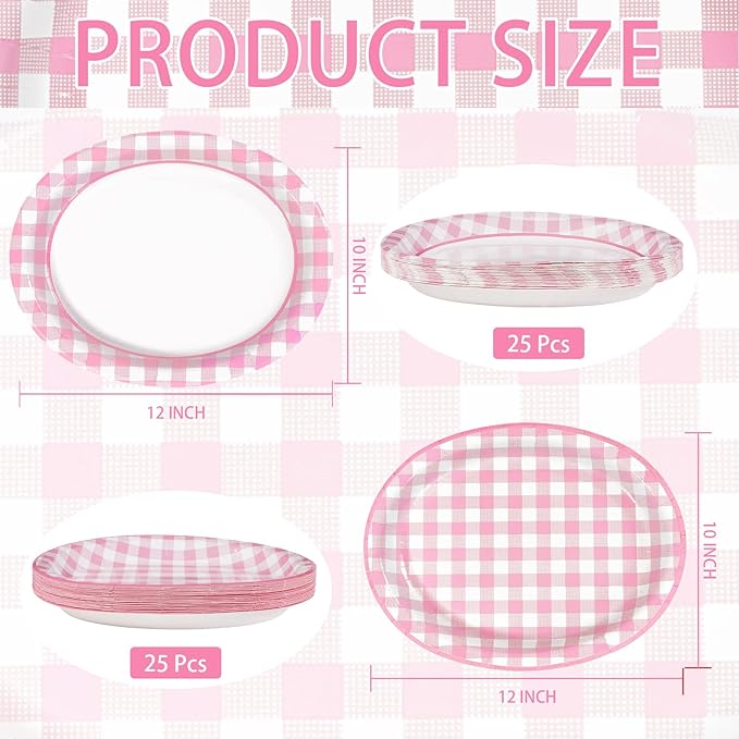 50Pcs Pink Gingham Oval Paper Plates 10" x 12" Large Disposable 400GSM Heavy DutyPink and White Buffalo Checked Plaid Dessert Plates for BBQ Picnic Birthday Summer Dinner Party Supplies Decorations