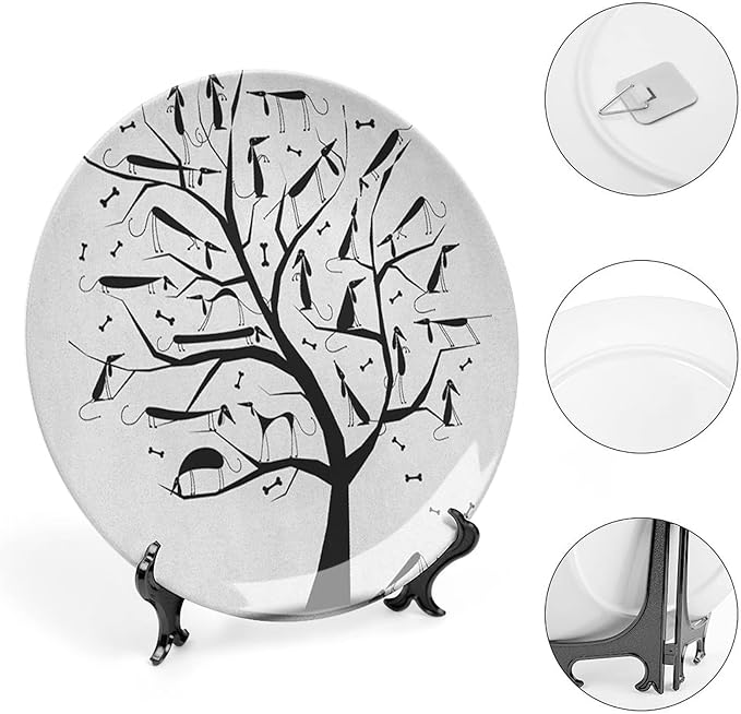 Ceramic Display Plate, Abstract Ceramic Hanging Decorative Plate, Monochrome Autumn Season Tree with Dog on The Branches, 8 Inch, Household Custom Ceramic Plate, Black and White