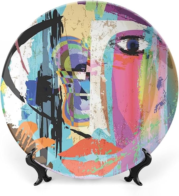 Ceramic Plates, Abstract Decorative Ceramic Plates, Woman Face Art Paint Strokes and Splashes Eye Red Lips Grungy, 6 Inch, for Dining, Parties, Wedding, Multicolor