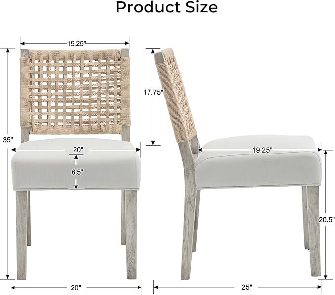 Farmhouse Dining Chairs Set of 6 Linen Fabric Upholstered Accent Side Chair, Mid Century Modern Kitchen & Dining Room Chairs with Woven Rope Back for Home, Living Room, Bedroom - White