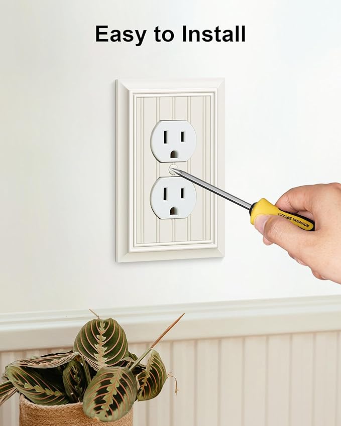 4-Pack Classic Beadboard Duplex Outlet Cover Plate, Decorative Light Almond Switch Plates and Outlet Covers, Natural Bamboo Fiber Wall Plates for Electrical Outlets, 1 Gang Receptacle Cover