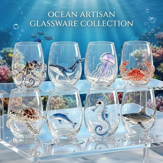Artisanal Blue Ringed Octopus Glassware, 3D Ocean Glass Wine Glass，Seahorse | - Image 5
