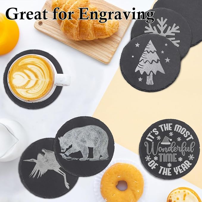 50 Pack 4 Inch Round Slate Coasters for Drinks, Black Stone Coasters with Anti-Scratch Bottom, Ideal for Home Decor, Bar, Housewarming Gifts, and Laser Engraving KUKLIPJIM