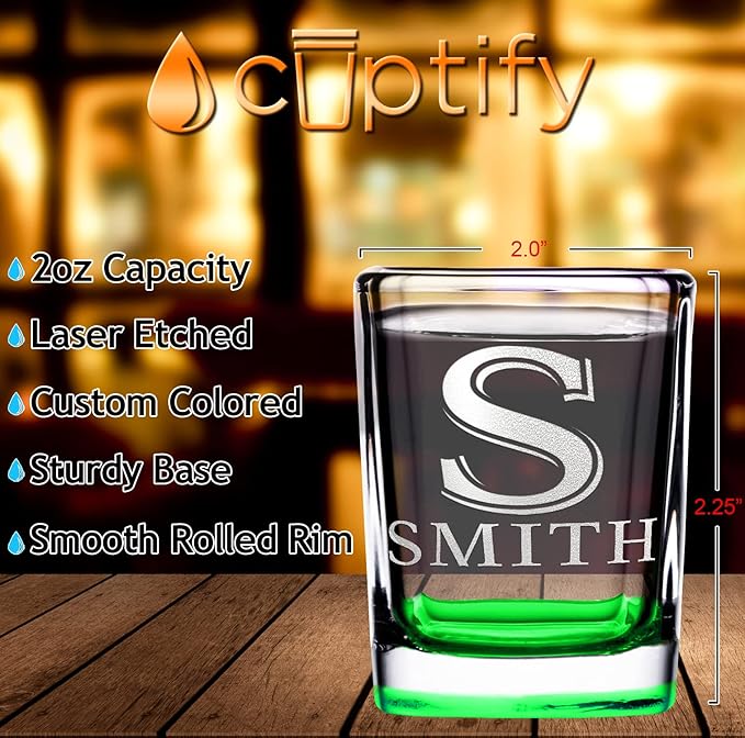 Personalized Square Shot Glasses Set of 12 Green Bottom 2oz Engraved Initial and Name Custom Gifts, Weddings, Birthdays, Party, Event, Decorations