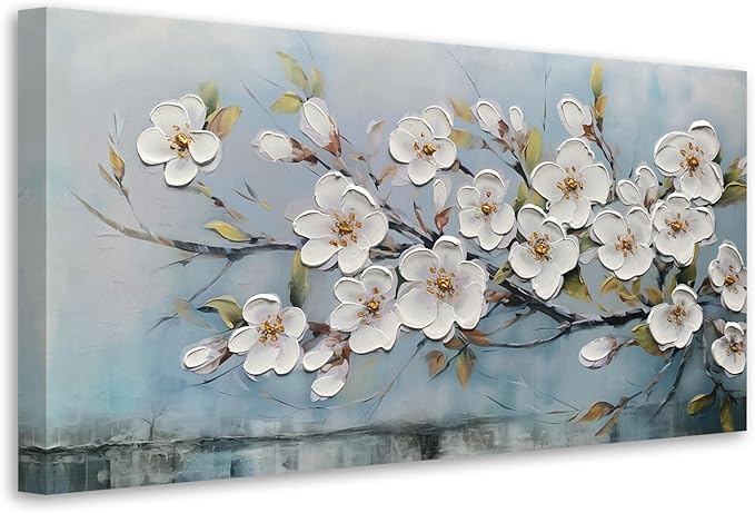 Anolyfi White Textured Flowers Wall Art for Living Room Canvas Wall Decor, Modern Elegant Landscape Wall Art for Dining Room Hallway Office Home 48"x24"
