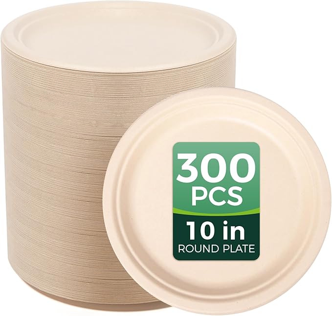 100% Compostable Paper Plates - 10 Inch, Bulk 300 Count - Disposable, Heavy Duty, Biodegradable Plates Made of Bagasse - Eco-Friendly, Large Size (Natural)