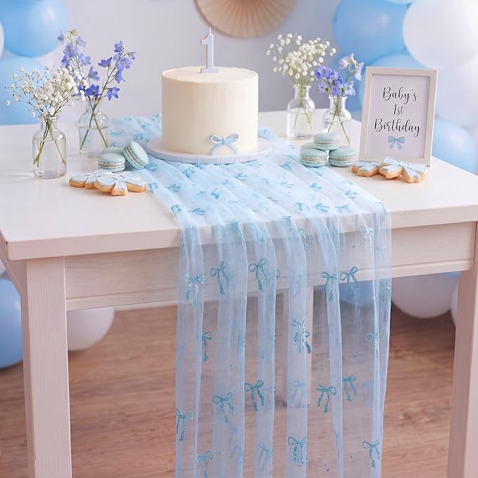 4 Pcs Blue Bow Table Runners 29 x 70 Inch Blue Tulle Lace Table Runner Coquette - Image 5