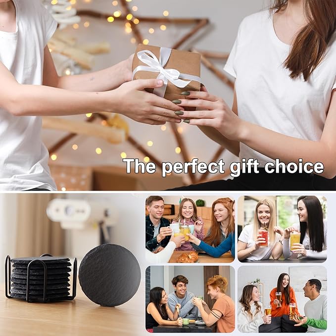 Slate Coasters Set of 6,4-Inch Black Round Stone Drink Coasters with Scratch-Resistant Backing, Durable Tabletop Protection for Home Office Kitchen, Ideal Housewarming Wedding Gifts