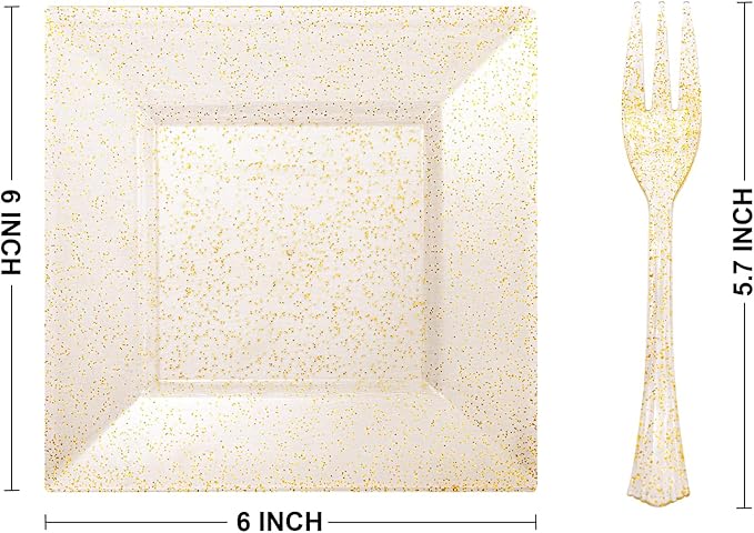 DaYammi 100Pcs Gold Glitter Dessert Plates Including 50Pcs Appetizer Plates 6",50Pcs Plastic Forks 5.7",Gold Glitter Plastic Square Plate for Party,Gold Salad Plate with Cake Fork for Birthday Wedding