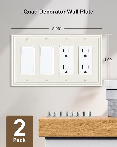 2-Pack Quad Decorator Outlet Cover Plate, Zinc Alloy Decorative Light Almond 4 Gang Switch Plates for Electrical Outlets, Receptacle, GFCI Outlet, Dimmer Switch