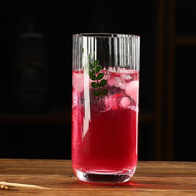 Collins Glasses Set of 6,Highball Glass Set, 15.3 oz, Clear Ribbed Design for Water, Cocktails, Mojito