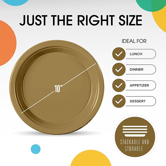 Gold Plastic Plates For Party 10" Gold Disposable Plates Heavy Duty 100 Pcs Plastic Dinnerware Sets Heavy Duty 350 GSM Disposable Dinnerware Set