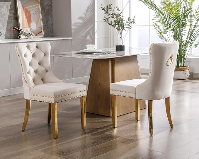 KCC Velvet Dining Chairs Set of 2, Upholstered High-end Tufted Dining Chair with Nailhead Back Ring Pull Trim Stainless Steel Legs, Contemporary Nikki Collection Modern Style for Kitchen, Beige