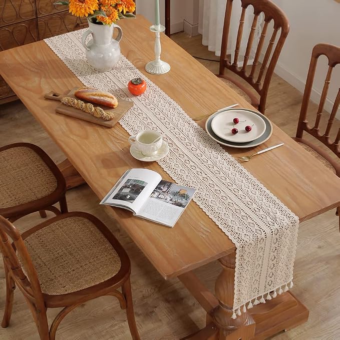 meioro Crochet Lace Table Runner, 12x64 Inch Boho Cotton Table Runners - Image 2