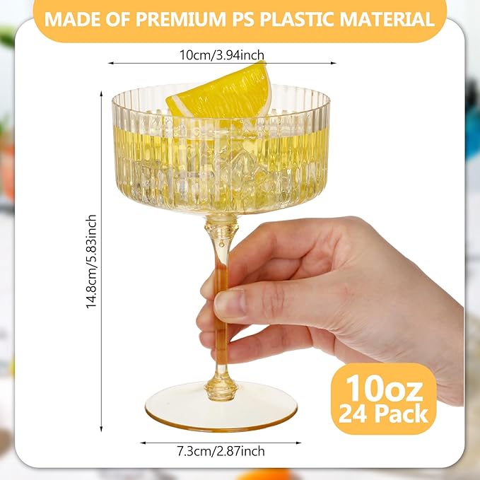24 Pcs Ribbed Martini Glasses 10 oz Disposable Plastic Vintage Ribbed Coupe Glasses Unbreakable Dessert Parfait Glassware for Wedding Birthday Party Supplies (Gold)